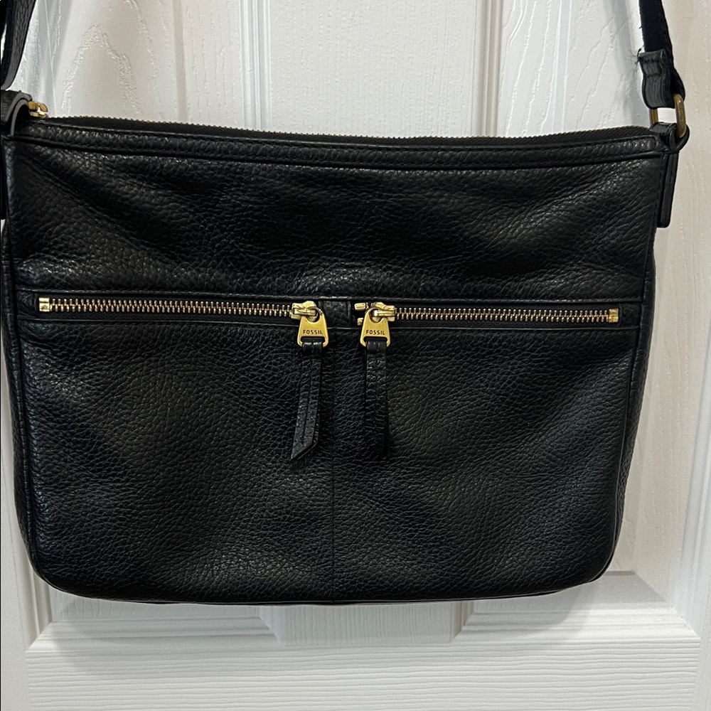 Fossil Black Leather Crossbody with Gold Zippers